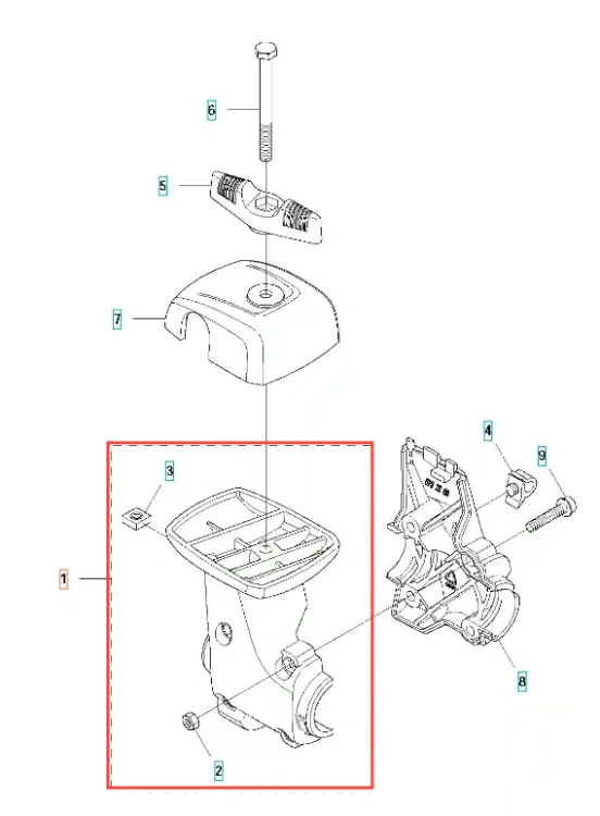 Wspornik uchwytu wykaszarki 336RK Husqvarna w kolorze czarnym z detalami w szarości. Ujęcie frontalne, produkt w pozycji stojącej. Widoczne otwory montażowe oraz tekstura powierzchni, co sugeruje wytrzymałość. Obok widoczne elementy mocujące.