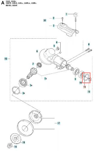 Metaliczny pierścień sprężynujący do wykaszarki Husqvarna 335 RX, okrągły z gładką powierzchnią i wbudowanym mocowaniem. Widok z boku na jednolitym tle, podkreślający detale. Idealny do użytku ogrodniczego.
