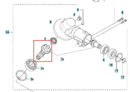 Zestaw kół zębatych do wykaszarki Husqvarna 335 RX, z główną metaliczną przekładnią i elementami montażowymi, na białym tle, z widocznymi detalami i kształtem.