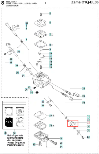 Czarna dźwignia gaźnika do wykaszarek Husqvarna 335RX/333R, pokazana z przodu na białym tle, uwidaczniająca mocowania i ergonomiczną konstrukcję zapewniającą funkcjonalność.