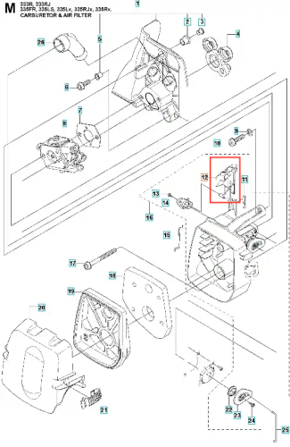 Dźwignia ssania do wykaszarki Husqvarna 335 RX, czarna, plastikowa, standardowa. Zdjęcie frontalne na białym tle z wyraźnymi detalami mocowania, przeznaczona do narzędzi ogrodniczych.