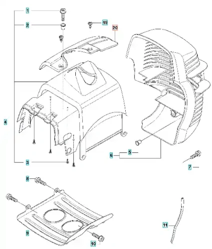 Osłona ramienia wykaszarki Husqvarna 335 RX, czarna z tworzywa, z żeberkami bocznymi. Widok frontalny, cały element z miejscami mocowania, bez napisów i logo.