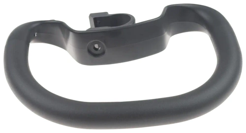 Uchwyt pętlowy wykaszarki 335 RX Husqvarna w kolorze ciemnoszarym, wykonany z tworzywa sztucznego. Pozycja frontalna, prezentująca ergonomiczny kształt oraz uchwyt z miejscu mocowania. Widoczne miejsce na wkręt oraz wygładzona faktura powierzchni.
