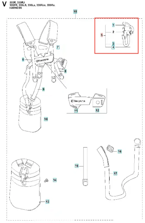 Hak ściągający szelek do wykaszarki Husqvarna 335 RX, metalowy, o kształcie litery J, z wyraźnymi oznaczeniami numerycznymi. Widoczny w zbliżeniu, prezentowany na prostym tle. Produkt umożliwia zaczepienie szelek, idealny do modeli z serii 335.