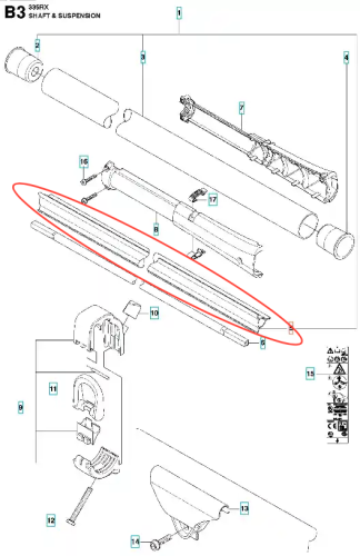 Metalowy prowadnik wałka napędowego wykaszarki Husqvarna 335 RX o prostokątnym kształcie, z widocznymi mocowaniami i wcięciami. Leży poziomo na jasnym tle, z czytelnymi jasnymi napisami.