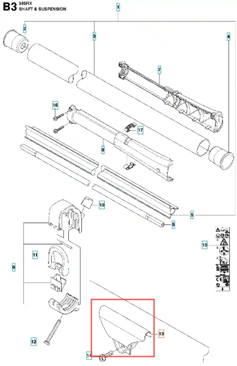 Obejma instalacji elektrycznej wykaszarki 335 RX Husqvarna, czarna, prostokątna, z tworzywa sztucznego, widoczna z boku pod kątem, na prostym tle.