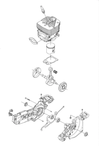 Schemat silnika Husqvarna K 970 III: cylinder z głowicą, tłok, wał korbowy i skośne mocowania w technicznym, czarno-białym rysunku frontalnym, bez oznaczeń i wymiarów.