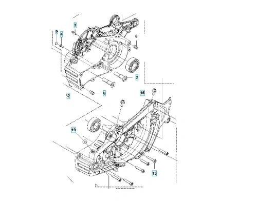 Zespół skrzyni korbowej pilarki Husqvarna 572XP widoczny z boku, metaliczne detale, wymiarowane elementy, otwory montażowe i oznaczenia części na prostym tle.