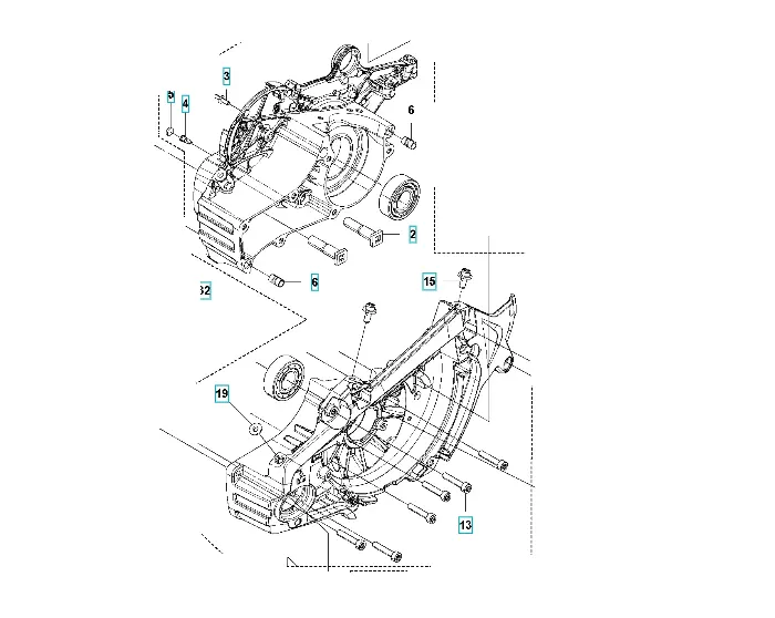 Zespół skrzyni korbowej pilarki Husqvarna 572XP widoczny z boku, metaliczne detale, wymiarowane elementy, otwory montażowe i oznaczenia części na prostym tle.