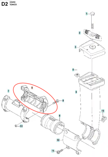 Tuleja zaciskowa do wykaszarki Husqvarna 335 RX, wykonana z tworzywa sztucznego, prezentowana z boku. Widoczne elementy mocujące, ergonomiczny kształt i stosunkowo niewielkie wymiary przy zachowaniu prostego, funkcjonalnego designu.