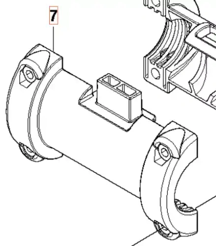 Zespół tulei zaciskowej wykaszarki 335 RX Husqvarna, prezentowany z boku, z wyraźnym detalem mocowania. Produkt ma okrągły kształt, materiał plastikowy, z widocznymi otworami. Na górze znajduje się mała złączka. Tło proste, białe.