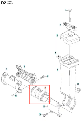 Amortyzator wykaszarki 335 RX Husqvarna w kolorze czarnym, cylindryczny kształt, wykonany z tworzywa sztucznego. Produkt widoczny z boku, w pozycji leżącej, z oznaczeniami na obudowie. Bez dodatkowych akcesoriów, na jednolitym tle.