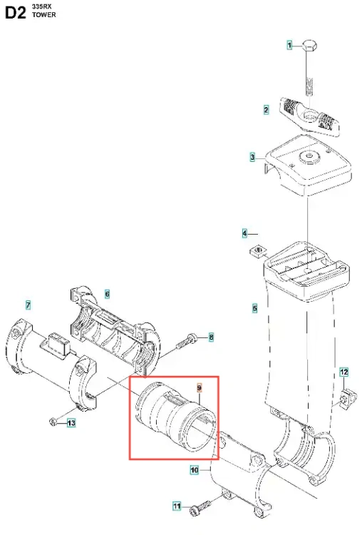 Amortyzator wykaszarki 335 RX Husqvarna w kolorze czarnym, cylindryczny kształt, wykonany z tworzywa sztucznego. Produkt widoczny z boku, w pozycji leżącej, z oznaczeniami na obudowie. Bez dodatkowych akcesoriów, na jednolitym tle.