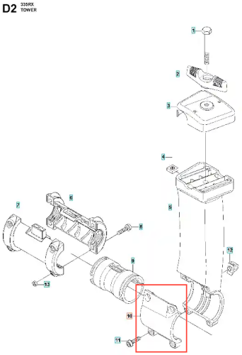 Pokrywa piasty wykaszarki 335 RX Husqvarna, wykonana z trwałego plastiku, w kolorze czarnym, o prostokątnym kształcie. Widok z boku, z zamontowanymi otworami na mocowanie. Tło lekkie, białe, co podkreśla detale produktu.