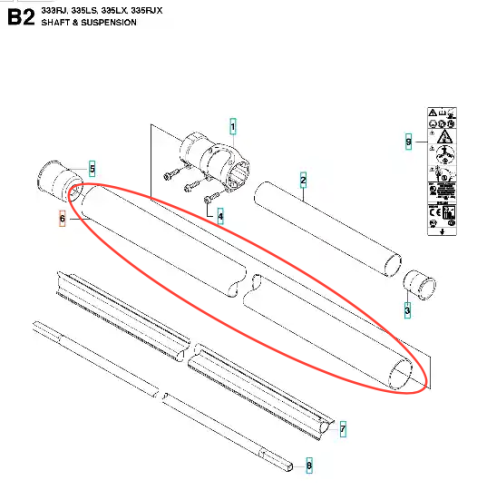 Rura wykaszarki 333 RJ Husqvarna, o średnicy 28 mm, przedstawiona w ujęciu z góry. Element ma gładką, metaliczną powierzchnię, widoczne otwory montażowe na obu końcach. Otoczenie to schemat z częściami narzędzia, na białym tle.