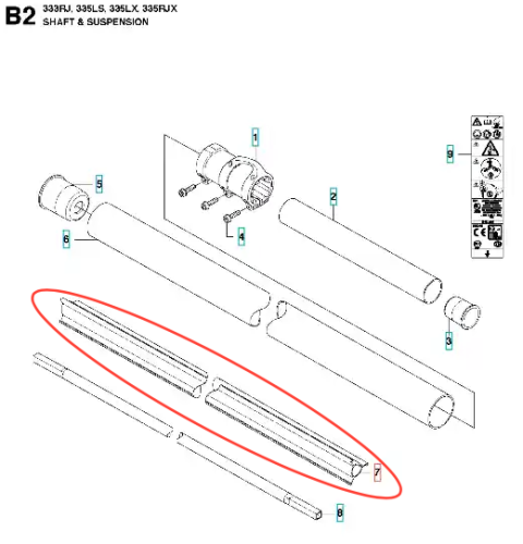 Prowadnik wykaszarki 333 RJ Husqvarna w rysunku technicznym. Dwie długie metalowe prowadnice i inne części rozmieszczone na białym tle.
