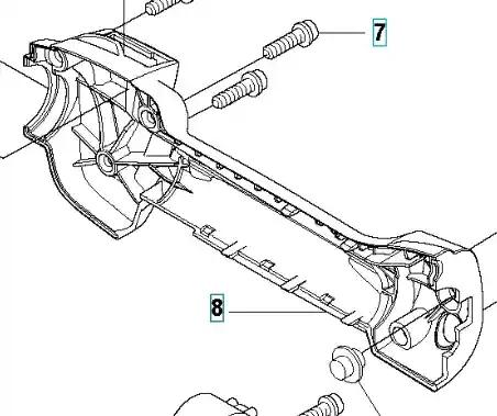 Prawa, szara połowa uchwytu wykaszarki 333 RJ Husqvarna z teksturowanym mocowaniem i widocznymi śrubami, otworami montażowymi oraz profilowanym kształtem.