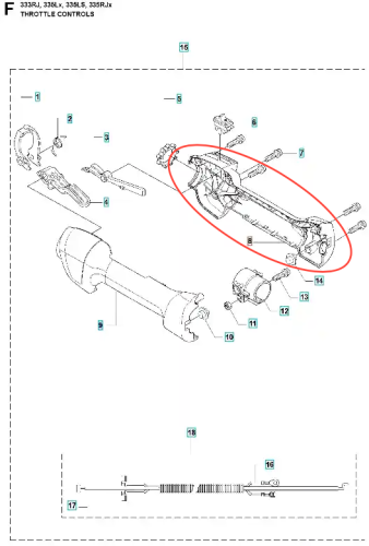 Wkładka uchwytu (prawa) wykaszarki 335 LX Husqvarna, widoczna w perspektywie z góry. Uchwyt o metalicznym wykończeniu, z widocznymi mocowaniami oraz detalami technicznymi. Prosto umieszczony na białym tle, ukazującym szczegóły konstrukcji.