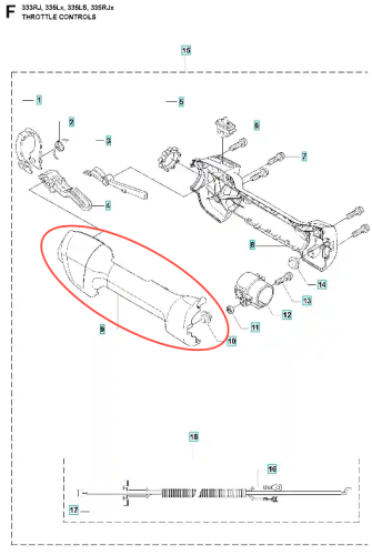 Połowa uchwytu (lewa) wykaszarki 333 RJ Husqvarna, wykonana z tworzywa sztucznego w kolorze czarnym. Produkt o cylindrycznym kształcie, z wyraźnymi detalami mocowania. Prezentowany w zbliżeniu, przyciąga uwagę unikalną konstrukcją, bez tła.