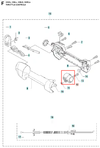 Ustalacz do wykaszarki 333 RJ Husqvarna, w kolorze szarym. Widok z boku, montowany na rurę, z wyraźnie zaznaczonymi detalami mocowania. Tło białe, co podkreśla elementy konstrukcyjne i detale. Zestaw zawiera dodatkowe akcesoria montażowe.
