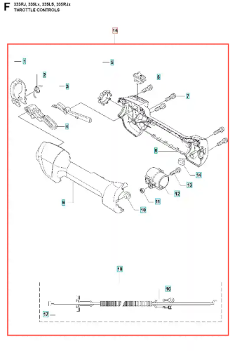Regulator dźwigni gazu Husqvarna 333 RJ do wykaszarki, złożony z dźwigni, sprężyn i mocowań. Szaro-czarny, na białym tle, z schematem i oznaczeniami montażowymi części.