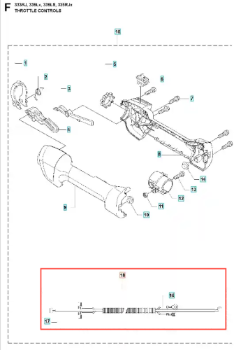 Schemat instalacji elektrycznej wykaszarki Husqvarna 333 RJ z dźwignią gazu, przewodami i mechanizmami, z oznaczeniami i mocowaniami, na planie zestawienia, w kolorach czarnym i szarym.