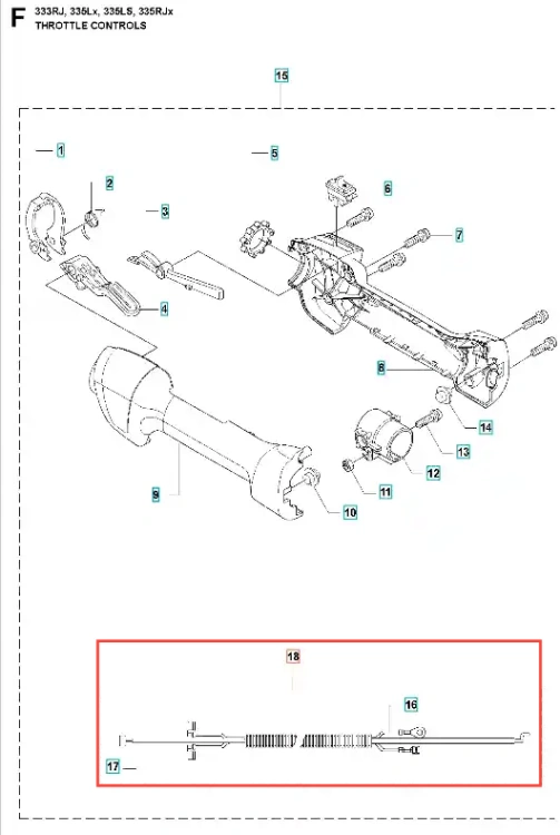 Schemat instalacji elektrycznej wykaszarki Husqvarna 333 RJ z dźwignią gazu, przewodami i mechanizmami, z oznaczeniami i mocowaniami, na planie zestawienia, w kolorach czarnym i szarym.
