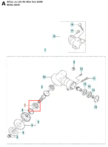 Łożysko kulkowe do wykaszarki 327RX Husqvarna, metalowe, okrągłe z odpowiednimi wycięciami. Widoczny fragment w schemacie montażu, z otworami na mocowania. Ułożone w pozycji poziomej, na białym tle, z numerami części obok.