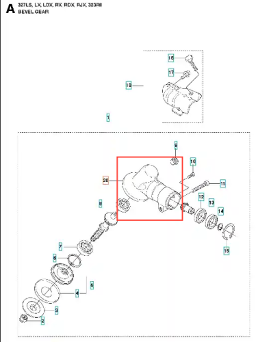 Obudowa przekładni wykaszarki Husqvarna 327RX, czarna, z tworzywa, z otworem montażowym i oznaczeniami montażu oraz kompatybilnych modeli.