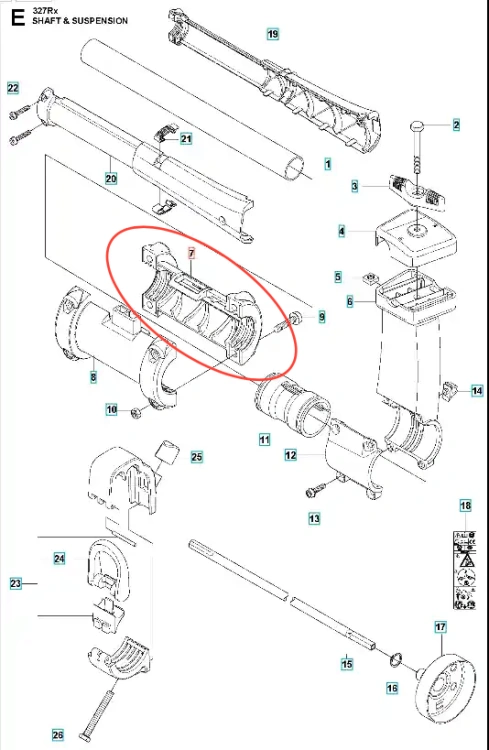 Tuleja zaciskowa wykaszarki 327RX Husqvarna w kolorze szarym, z widocznymi wcięciami i szczelinami. Produkt leży na białym tle, w zbliżeniu, uwidaczniający szczegóły mocowania. Bez dodatkowych akcesoriów, nowy, gotowy do użycia.