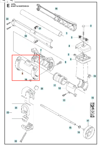 Zespół tulei zaciskowej wykaszarki 327RX Husqvarna, widoczny z boku w złożonej pozycji. Element metalowy z okrągłym końcem, bez widocznych napisów. Otoczony innymi częściami, na schemacie technicznym na białym tle.