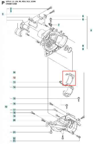 Uszczelka skrzyni korbowej do wykaszarki Husqvarna 327RX, w kolorze czarnym, z charakterystycznym kształtem dopasowanym do silnika. Widok z przodu, detaliczna budowa, widoczne elementy mocowania. Produkt w stanie nowym, na białym tle.