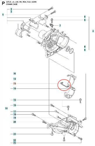 Uszczelka cylindra do wykaszarki Husqvarna 327RX, metalowa, o falistym kształcie, z wyraźnymi otworami montażowymi. Widoczna w szczegółowej ilustracji, przedstawiająca szczegóły mocowania. Kolor szary, z matową powierzchnią.