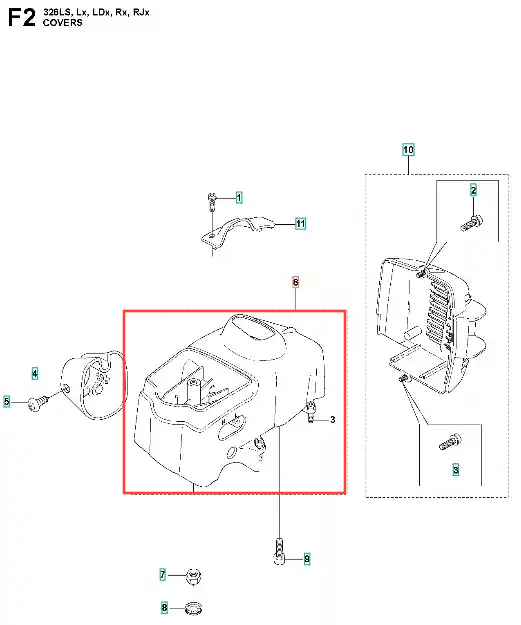 Pokrywa cylindra wykaszarki Husqvarna 326 RX w kolorze czarnym, o prostokątnym kształcie. Widoczny otwór na górze, z wyraźnymi wcięciami i mocowaniami z boku. Produkt ukazany z przodu, w detalach pokazujący fakturę materiału.