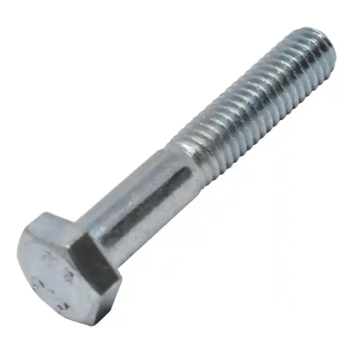 Śruba wału wykaszarki 326 RX Husqvarna, metalowa, sześciokątna główka, gwintowana część, srebrny kolor, widok z boku. Przykręcona, gładka powierzchnia, nie ma widocznych oznaczeń ani logo. Brak tła, zdjęcie na białym tle.