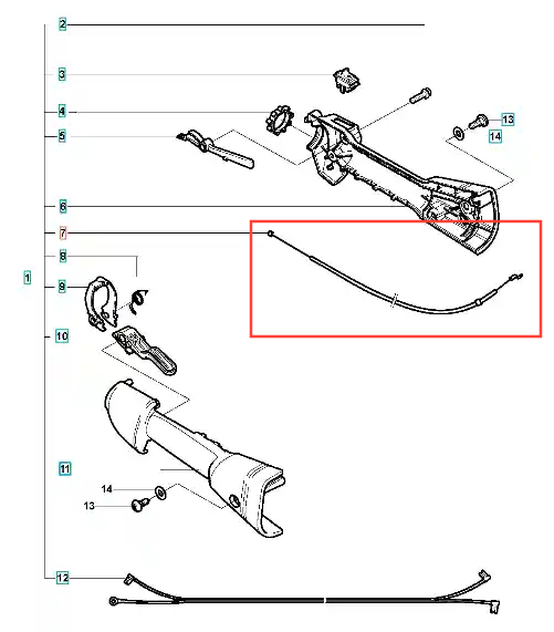 Linka gazu do wykaszarki Husqvarna 326 RX, widoczna w poziomie. Produkt ma cienką, elastyczną konstrukcję z metalowymi końcówkami. Detal przedstawia krzywą linki z widocznymi mocowaniami. Tło jest proste, co ułatwia identyfikację produktu.