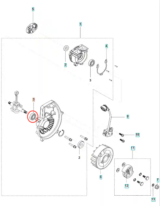 Łożysko kulkowe wykaszarki 321R Husqvarna, metaliczne, okrągłe, z oznaczeniami, o średnicy kilku cm, do urządzeń ogrodniczych, widoczne z przodu w detalu.
