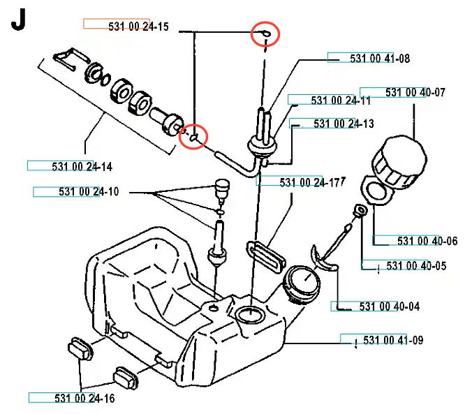 Zacisk przewodu paliwowego do wykaszarki Husqvarna 120 R, metaliczny, cylindryczny, srebrny. Widok z boku, z oznaczeniami i gwintem, na białym tle.
