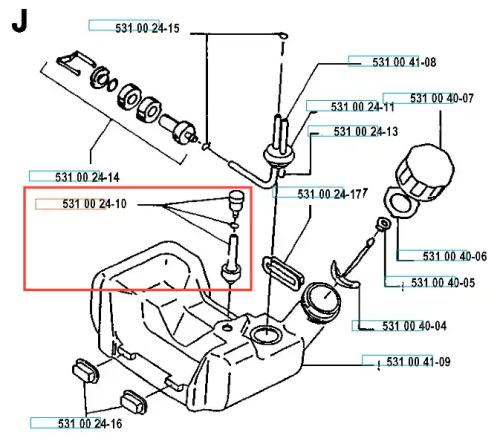 Zawór do wykaszarki Husqvarna 120 R, czarny z metalowym mocowaniem, widoczny z boku w powiększeniu, pokazujący detale konstrukcji i otwory montażowe. Elementy pomagają zidentyfikować części.