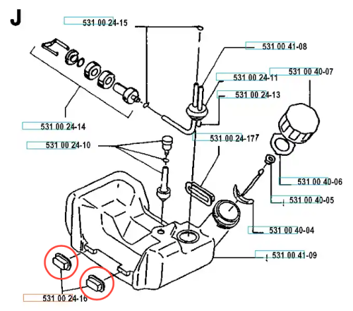 Tuleja wykaszarki Husqvarna 120 R, zbliżenie na dwa elementy montażowe, prostokątne, w kolorze szarym, wykonane z tworzywa sztucznego, umieszczone na diagramie przedstawiającym schemat części. Widoczne numery katalogowe. Tło białe.