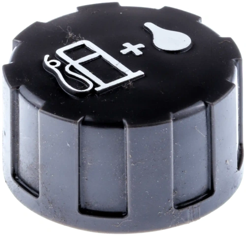 Czarna uszczelka zbiornika paliwa do wykaszarki Husqvarna 120 R z logo i symbolem paliwa, widoczna z boku z wyraźnymi rowkami. Brak akcesoriów, przeznaczona do sprzętu ogrodowego.