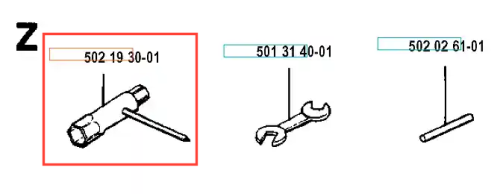 Narzędzie do wykaszarki Husqvarna Combi tool 120 R, widoczne z boku, w metalowym wykończeniu. Zawiera uchwyt, wkręt oraz klucz. Prosto ułożone, na białym tle, idealne do zidentyfikowania jako akcesorium do konserwacji sprzętu ogrodniczego.