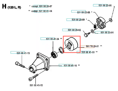Bęben sprzęgła wykaszarki Husqvarna 120 R, czarny, cylindryczny z wałem. Zdjęcie z boku, widoczne logo i numery katalogowe, bez dodatkowych akcesoriów.