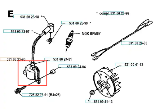 Cewka wykaszarki Husqvarna 132 R, w czarnym i metalicznym kolorze, z widocznymi złączami elektrycznymi oraz mechanicznymi, w układzie poziomym. Element o prostokątnym kształcie, z jedną wtyczką, przeznaczony do montażu w urządzeniu ogrodniczym.