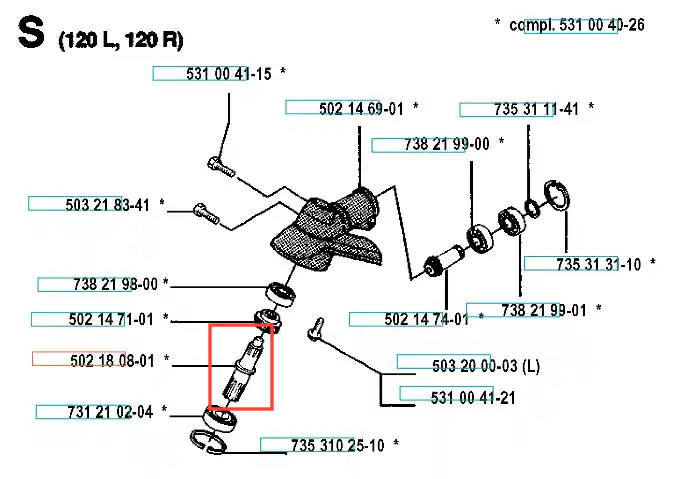 Oś wykaszarki 120 R Husqvarna, metalowa, z kilkoma gwintowanymi końcówkami. Ujęcie w zbliżeniu, ukazujące detal śrub i mocowań. Tło białe, proste, co podkreśla widoczność elementów mechanicznych. Długość osy wynosi około 20 cm.