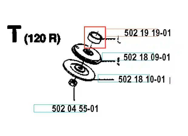 Element odległościowy wykaszarki 142 R Husqvarna, okrągły, w kolorze srebrnym, z wyraźnymi oznaczeniami numerów części. Ujęcie z boku, ukazujące położenie w zestawie podzespołów, w kontekście montażu. Widok techniczny, na jasnym tle.