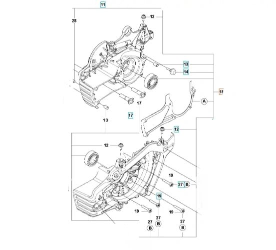 Zespół skrzyni korbowej pilarki Husqvarna 592XP, widok z góry. Szary z plastikowymi elementami, z otworami montażowymi i detalami mechanicznymi oraz widocznymi numerami części.