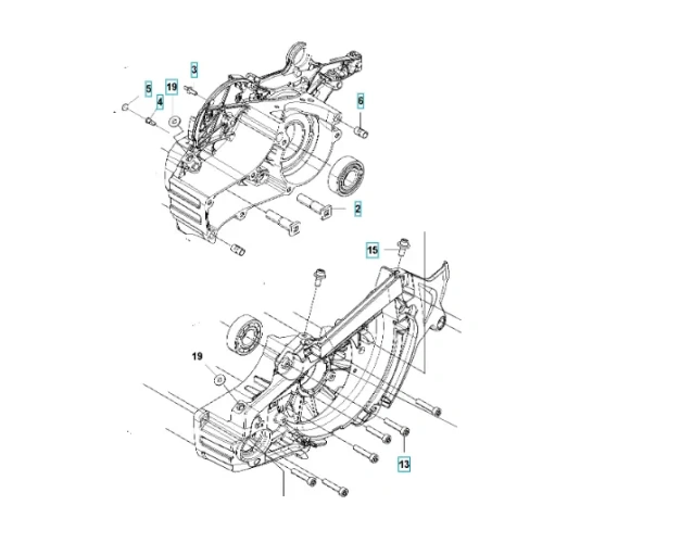 Zespół skrzyni korbowej pilarki Husqvarna 565, prezentowany w ujęciu z boku. Element wykonany z metalu, z widocznymi detalami konstrukcyjnymi, otworami montażowymi oraz oznaczeniami numerycznymi. Tło jasne, proste, co podkreśla czytelność detali.