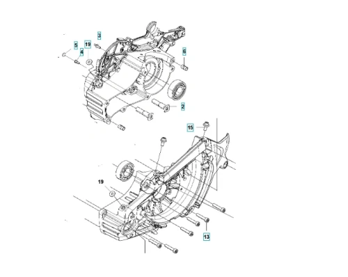 Zespół skrzyni korbowej pilarki Husqvarna 565, prezentowany w ujęciu z boku. Element wykonany z metalu, z widocznymi detalami konstrukcyjnymi, otworami montażowymi oraz oznaczeniami numerycznymi. Tło jasne, proste, co podkreśla czytelność detali.