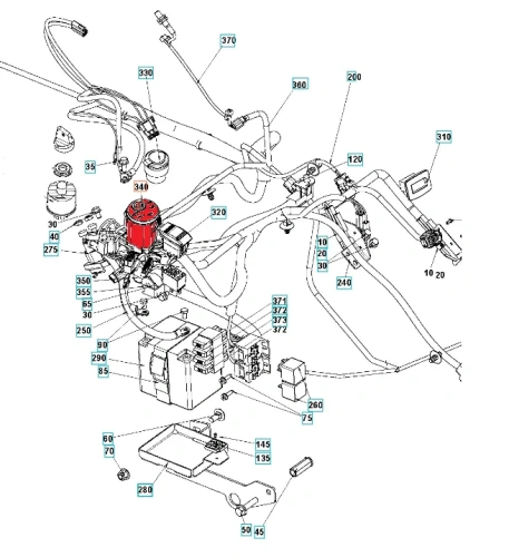 Schemat elektryczny wyłącznika kosiarki Husqvarna RC 318T, widziany z góry, z czerwonym przewodem, złączami i elementami montażowymi, do analizy układu elektrycznego i połączeń.